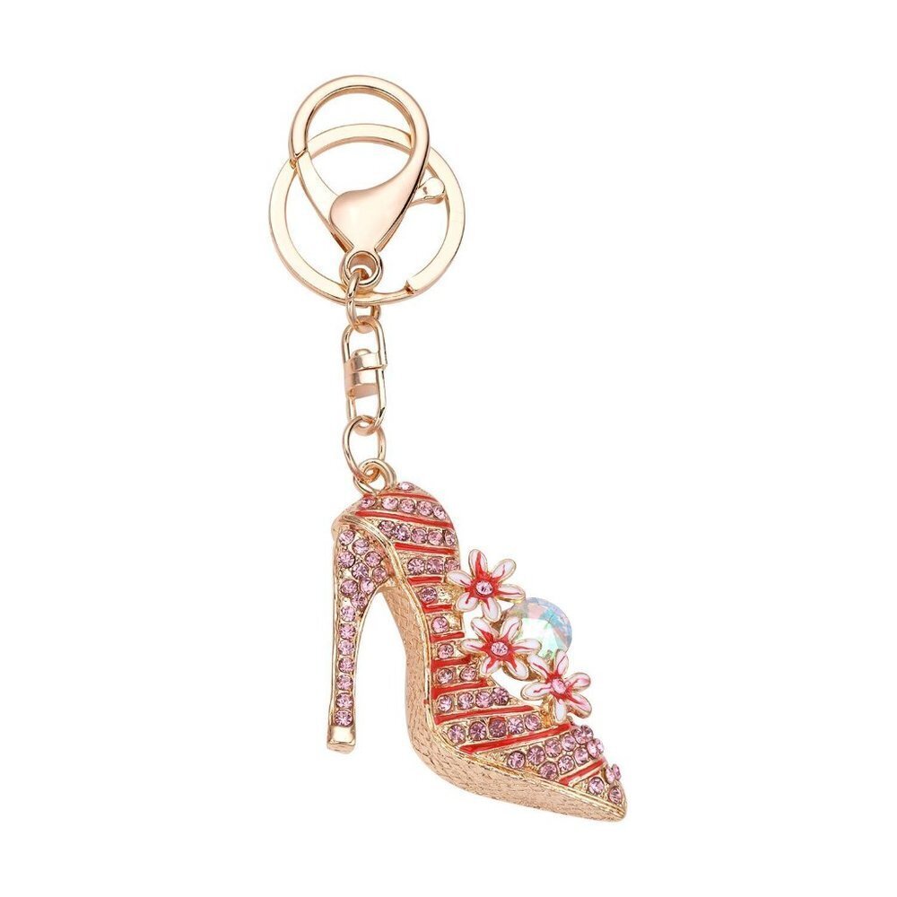 Austrian Crystal Keychain Pink High Heel Shoe Goldtone